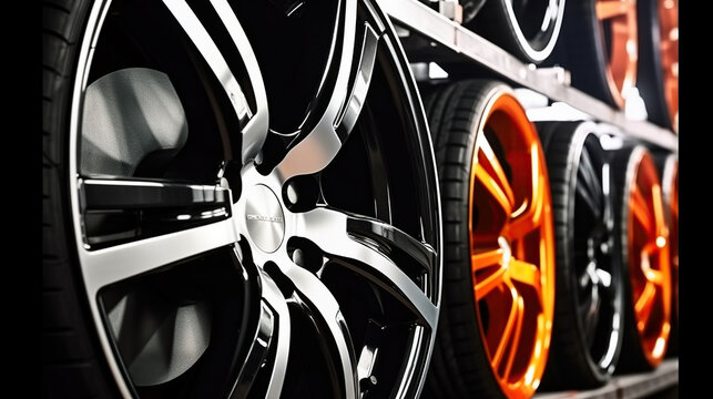 Stand with alloy wheels in modern tire store. Generative AI