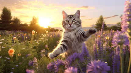 kitty cat and puppy on wild meadow field ,groop of bee and butterfly on  flowers lavender, poppy ,daisies, cornflowers at summer sunset ,generated ai