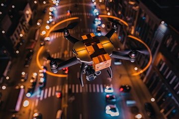 an aerial drone flying over a city at night with traffic lights and buildings in the background image used for commercial use