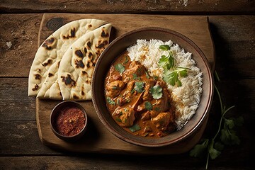Chicken tikka masala with spicy curry sauce. Meat food in a clay plate with rice. AI generated - obrazy, fototapety, plakaty