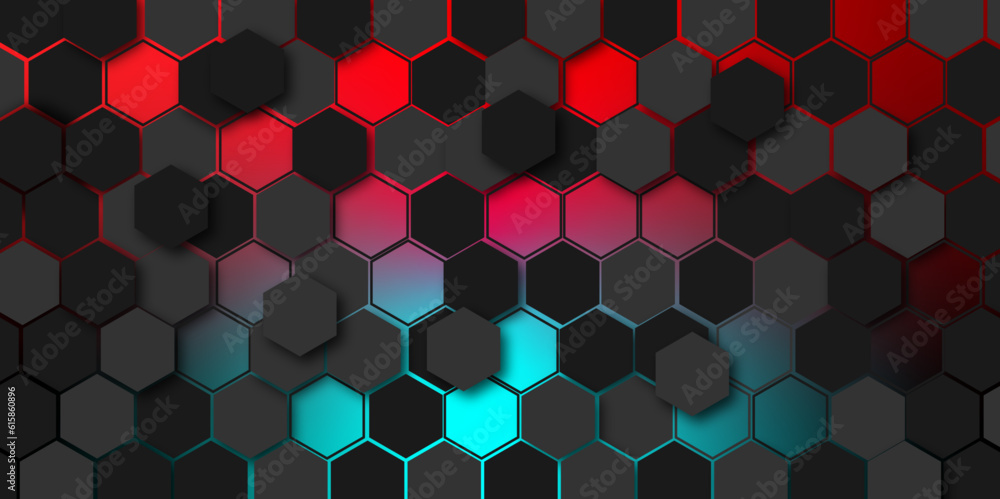 Wall mural hexagonal abstract 3d metal background vector design with light.