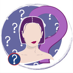Portrait of girl, woman face. Hesitating person. Silhouette. Vector illustration in flat design. Isolated on a white background.