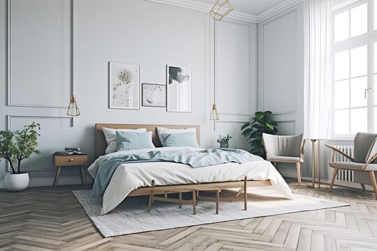 Scandinavian inspired bedroom decor. Generative AI