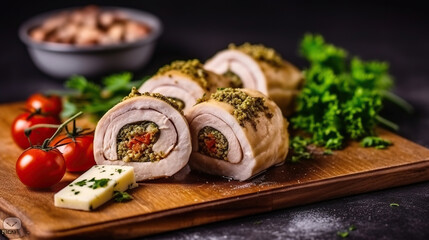 Fototapeta na wymiar Delicious fresh meat roll made from chicken fillet, mushrooms, spices and herbs. Delicious healthy dish cooked at home, Generative AI