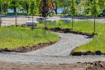 Construction work on laying footpaths and sidewalks on the street or in the park