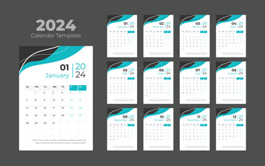 2024 wall calendar vector template. Business template vector. Week start on Sunday