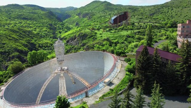 rot-54 2.6 radiooptical telescope Paris heruni. Aerial View of Radio-Optical Telescope, Giant Radio Astronomical Telescope surrounded by mountains. Drone shot of Orgov Radio-Optical Telescope Armenia