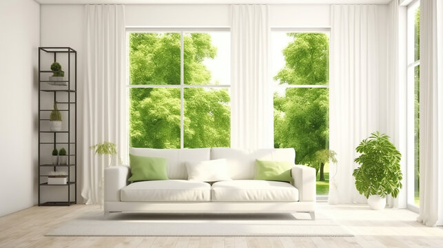 White room with sofa and green landscape in window. Generative AI