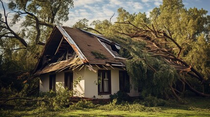 The tree fell on the house. The strong wind broke the tree. AI generation