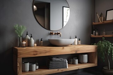 On a wooden shelf stands a gray bathroom sink. a gray wall with a square mirror hanging on it. Generative AI