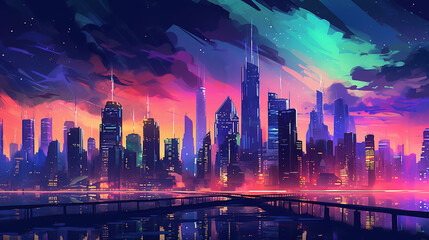 illustration Neon city at night with bright colorful neon lights. AI generation