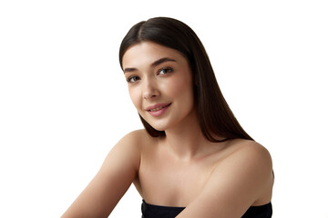 Fototapeta na wymiar Portrait of young beautiful brunette woman with perfect, smooth, clear skin looking at camera, smiling on white studio background. Concept of natural female beauty, body and skincare, cosmetology, ad