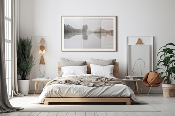 Fototapeta na wymiar On a bedroom's white wall is a mock up of a horizontal poster frame. Generative AI