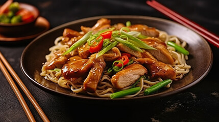 Teriyaki Temptations, Irresistible Chicken with Noodles and Spring Onions in a Flavorful Delight. Generative AI