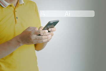 Using a smart phone to search for AI Artificial intelligence, futuristic business technology,...