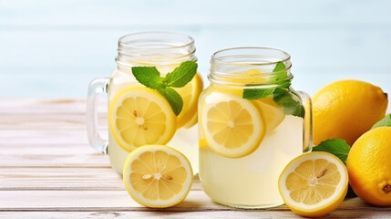 Two mason jar glasses of homemade refreshing lemonade with slices of organic ripe lemon, Generative AI