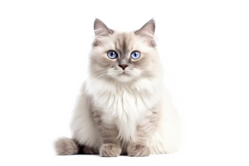 Cute fluffy portrait kitty Cat Ragdoll looking at camera isolated on clear png background, funny moment, pet concept, with Generative Ai.