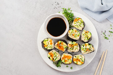 Vegan Sushi Rolls with Fresh Vegetables and Quinoa, Tasty Vegetarian Meal