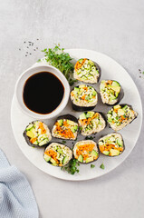 Vegan Sushi Rolls with Fresh Vegetables and Quinoa, Tasty Vegetarian Meal