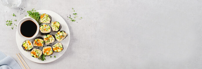 Vegan Sushi Rolls with Fresh Vegetables and Quinoa, Tasty Vegetarian Meal