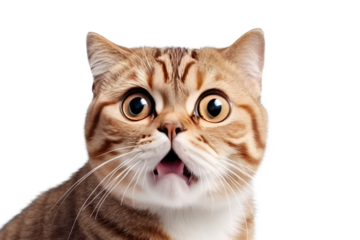 Cute fluffy portrait kitty Cat Scottish fold looking at camera isolated on clear png background, funny moment, pet concept, with Generative Ai.