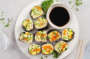 Vegan Sushi Rolls with Fresh Vegetables and Quinoa, Tasty Vegetarian Meal