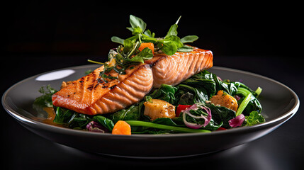 salmon on a bed of greens and mixed salad with oranges, radish, red onion, arga