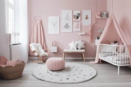 Pink pillow in the cradle, posters on the wall, and carpet in the white interior of the child's room. actual picture. Generative AI