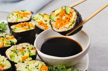 Vegan Sushi Rolls with Fresh Vegetables and Quinoa, Tasty Vegetarian Meal