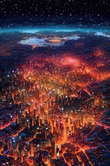 Fototapeta premium City skyline glitters with lights against dark horizon. Generative AI