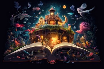 A magical book with fantastic stories is illustrated. (Generative AI) - 615864073