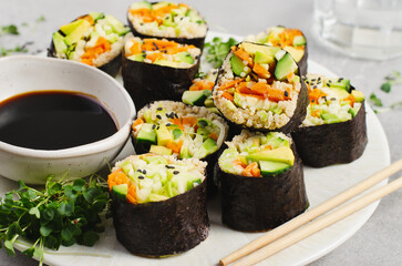 Vegan Sushi Rolls with Fresh Vegetables and Quinoa, Tasty Vegetarian Meal