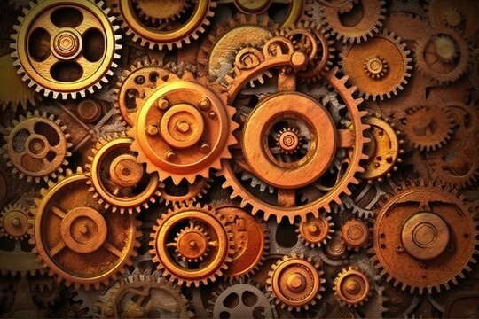 The background features steampunk rusty machinery gears. (Illustration, Generative AI)