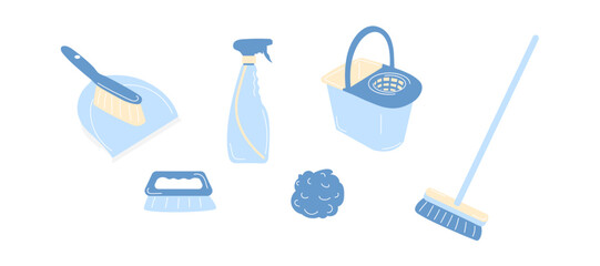 Blue cleaning equipment, equipment for indoors cleaning, household tools. Housekeeping tools. Cleaning tools.