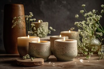 On a wooden platform, scented candles in a flowerpot. Candle made of soy and gypsophila sprig. Generative AI