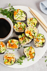 Vegan Sushi Rolls with Fresh Vegetables and Quinoa, Tasty Vegetarian Meal