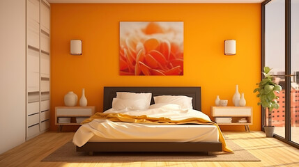 Fototapeta na wymiar A Vibrant Oasis in the Orange Bedroom. Generative AI