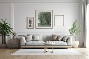 Picture frame with a blank white background on the wall of a contemporary living room with a sofa and furniture. Generative AI