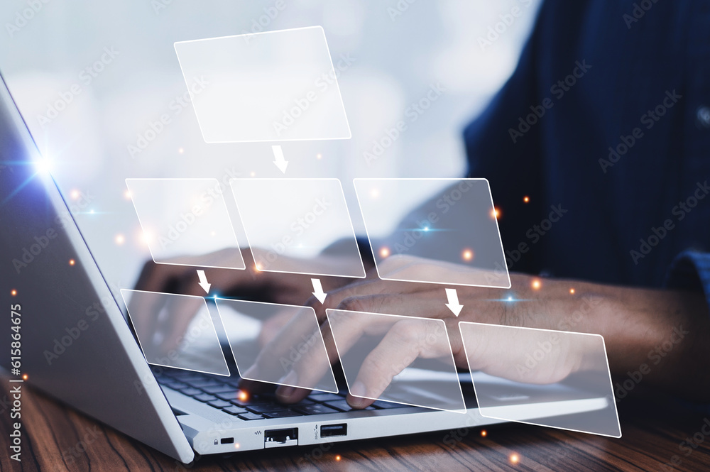Poster workflow business concept, businessman working with digital workflow business on computer for busine