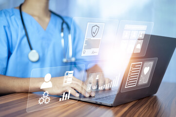 Doctor using computer working in hospital, Doctor using computer checking data patient document, Doctor using computer for health care hospital background