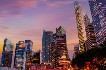 Singapore city skyline at twilight, View of Marina Bay 
