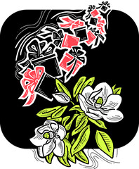 Present box with ribbon bow decorated with flowers for birthday gift, sale promotion, valentines or mothers day card, poster print. Hand drawn cartoon style illustration. Line vector drawing.