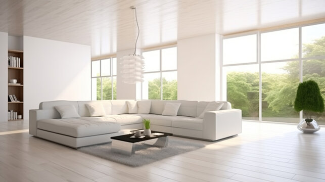 A White Modern Interior Illuminated by Panoramic Windows and Enhanced by a Stylish Corner Sofa. Generative AI