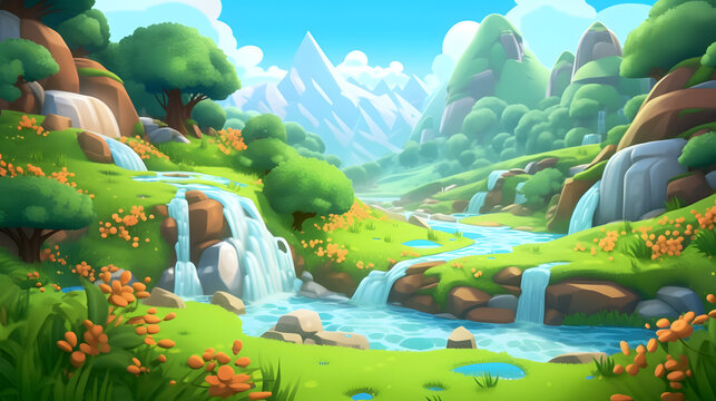 cartoon scene with forest river and mountains. illustration concept for the children