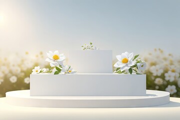 podium mockup for product with flowers, ai generative