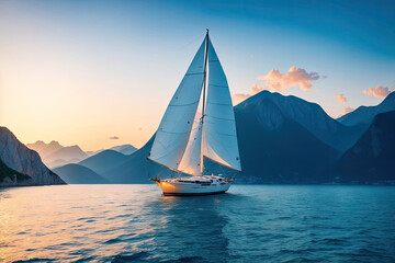 Sailboat in the sea in the evening sunlight over beautiful big mountains background, summer adventure, ai generative - obrazy, fototapety, plakaty