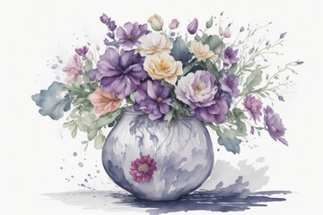 Beautiful dried flower arrangement in a stylish pink vase, watercolor background, ai generative