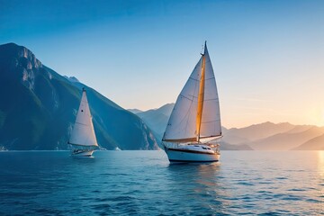 Fototapeta premium Sailboat in the sea in the evening sunlight over beautiful big mountains background, summer adventure, ai generative