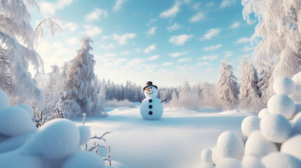 Fototapeta premium Winter Wonderland, A Panoramic Delight of a Joyful Snowman. Generative AI