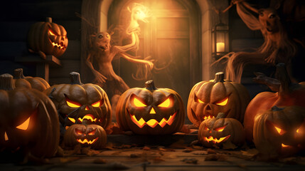 Halloween pumpkins in front of haunted house